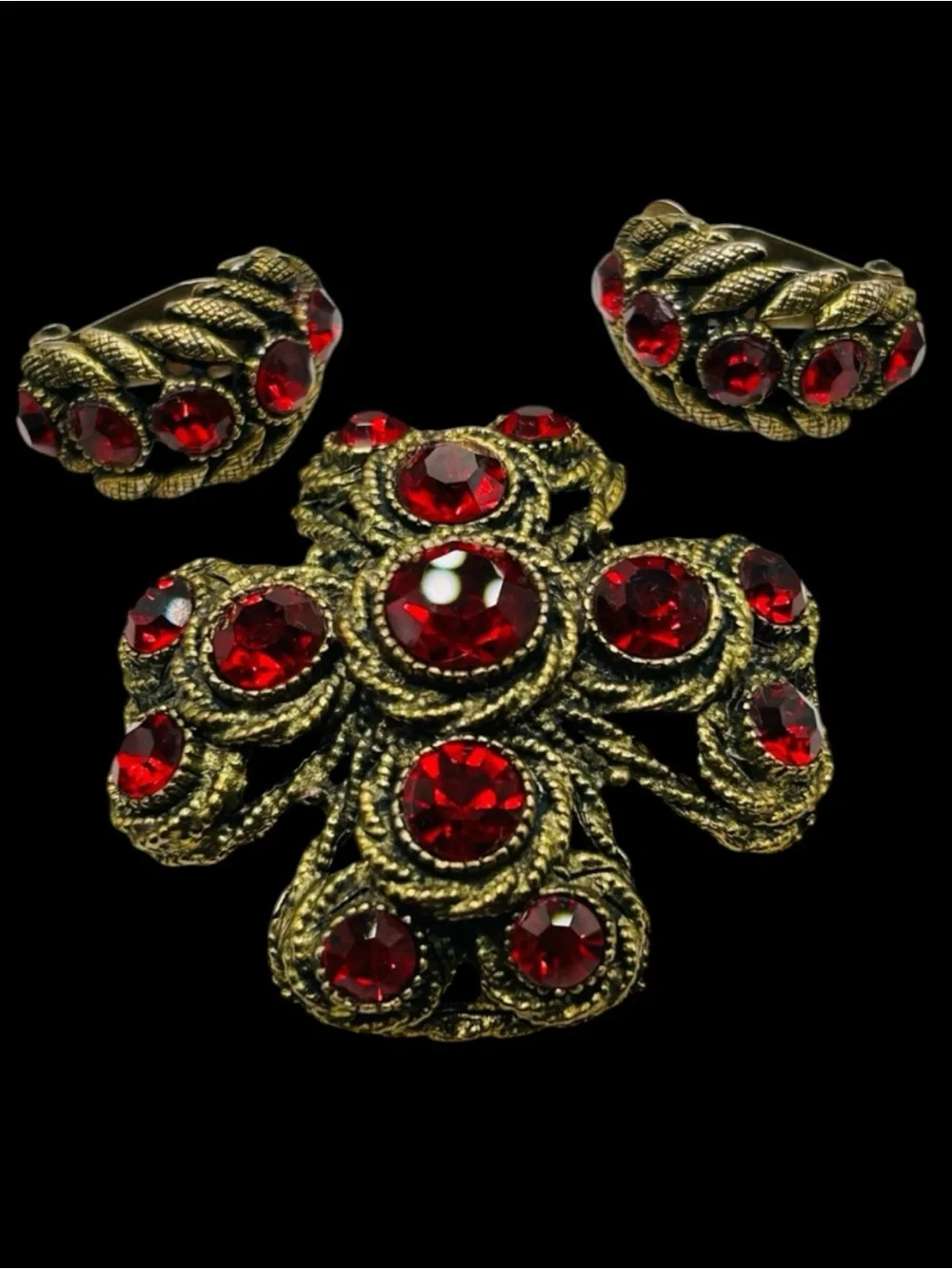 Vintage Volcanic Red Har Maltese Cross Brooch and Earring Demi Set